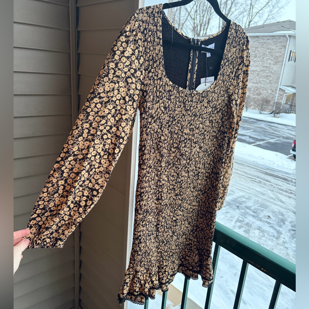 Lost+Wander Black Golden Floral Smocked Mini Dress Long Sleeve Rufflehem Sizem — image 6 of 8